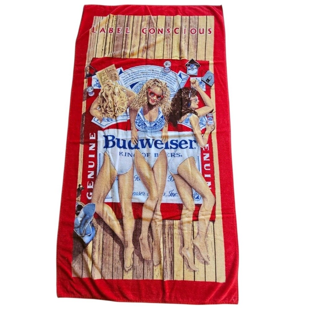 Vintage Budweiser Beach Towel Bud Bikini Girls 100% Cotton 36 X 68 in 90s Large